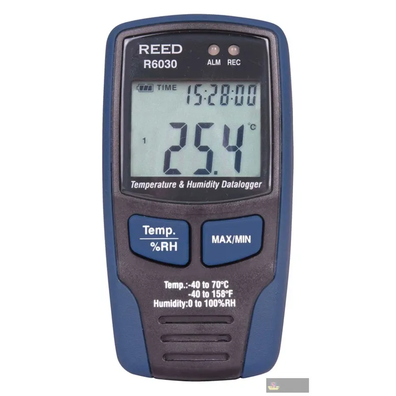 Reed R6030-nist Temperature & Humidity Datalogger, Lcd, -40/158°f, -40/70°c, 0-100%rh W/nist Cert